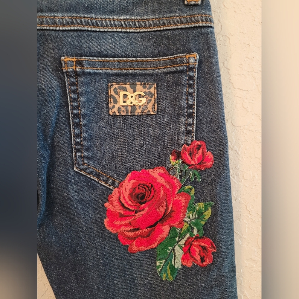 #029 Embroidered Blue Jeans with Red Rose Design - Picture 3 of 5